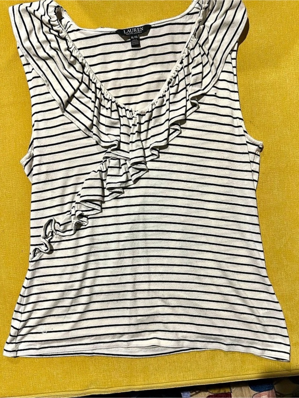 Lauren Ralph Lauren Striped Ruffle Tank in White & Black XL